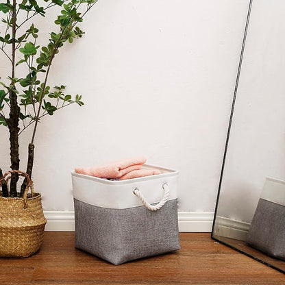 Cube Storage Bins, Collapsible Fabric Cube Storage Bin, 11 Inch Cube Storage Bins with Handles, Foldable Storage Cubes (White/Gray, 6Pack)