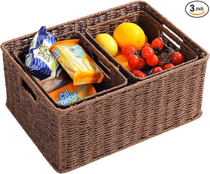 HOONEX Large Woven Baskets for Storage, Paper Rope Baskets with Sturdy Metal Wire Frame, Baskets for Shelves, Set of 3, Dark Brown