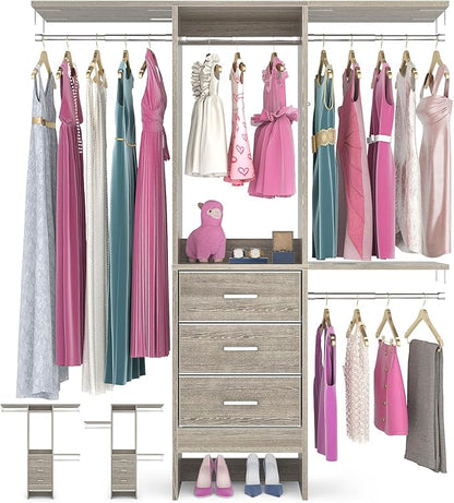 4FT Small Closet System with 3 Fabric Drawers, 48'' Closet Organizer System With 3 Adjustable Shelves, Flexible Built-In Clothes Garment Rack for Small Space, 48"L x 13"W x 71"H, White Oak