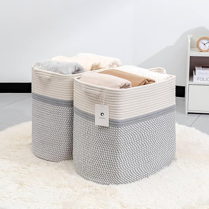 Storage Baskets for Clothes Fabric Cotton Rope Storage Basket with Handles, Decorative Woven Basket for Living Room,Closet Organizer Blankets, and 2bags (White/Gray, L16×W11.4×H15.9)
