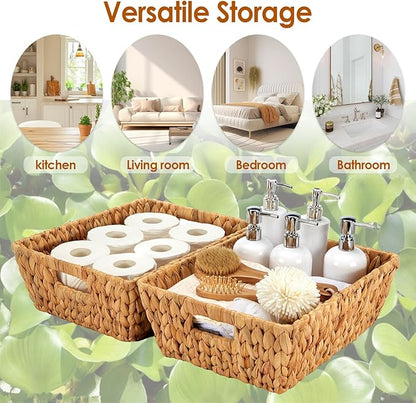 Water Hyacinth Wicker Baskets 2 Pack, Large Storage Basket With Handles for Organizing, Handmade Natural