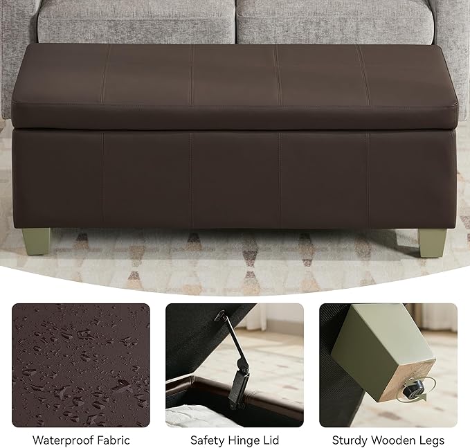 51" Faux Leather Storage Ottoman, Stitch Tufted Rectangle Upholstered End of Bed Storage Bench, Entryway Large Couch Ottoman with Wooden Legs,Brown
