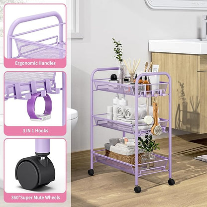 TOOLF 3-Tier Metal Rolling Cart, Mesh Wire Easy Assemble Utility Cart, Storage Trolley on Wheels with 3 Hooks, MetalStorage Shelving Units for Kitchen Bathroom Laundry Room