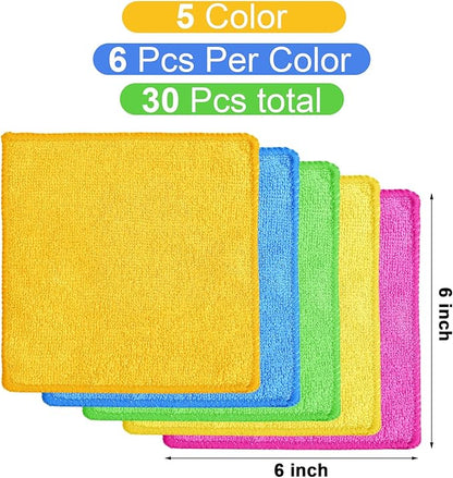 Tanlade Microfiber Cleaning Cloth 6"x6" Cleaning Rags Reasonable Kitchen Towels Microfiber Towels Cars Wash Dry Erase Cloth (Green/Blue/Yellow/Pink/Orange,30 Pcs)