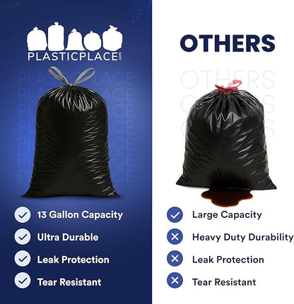 Plasticplace W13DSBKJR 13 Gallon Trash Bags │ 1.2 Mil │ (50 Count) Black Extra Tall Garbage Can Liners │ 24” x 31”