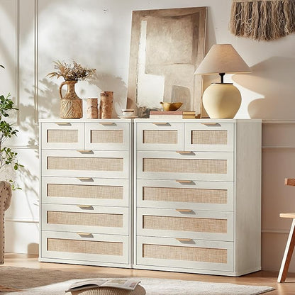 LEYAOYAO White Dresser for Bedroom, 42" Tall Chest of Drawers, Modern 6 Drawers Boho Rattan Dressers with Storage, Dresser Wooden Closet Organizer for Living Room, Hallway