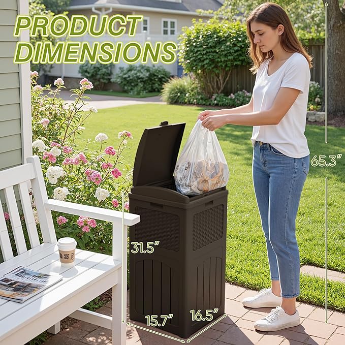 Greesum 33 Gallon Outdoor Trash Can with Lid, Waterproof Resin Garbage Bin for Hideaway, Deck, Patio, Dark Brown