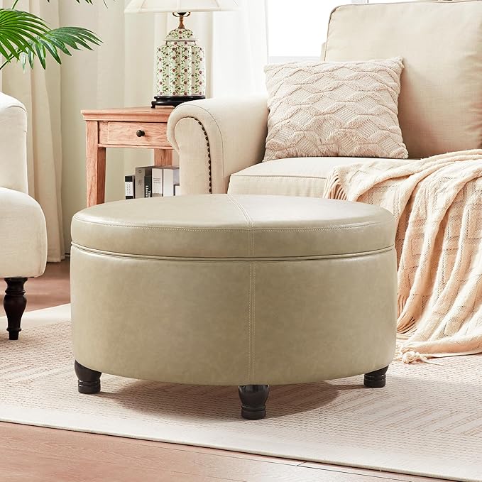 30-Inch Round Storage Ottoman, Modern Ottoman Coffee Table with Removable Top for Living Room, Bedroom, Office (Khaki)