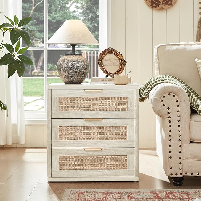 LEYAOYAO Rattan Night Stand with Drawers, 23" Large 3 Drawer Boho Nightstand, Grey White Bedside Table Storage Cabinet, Bed Side End Tables Dresser for Bedroom, Living Room, Hallway, Closet