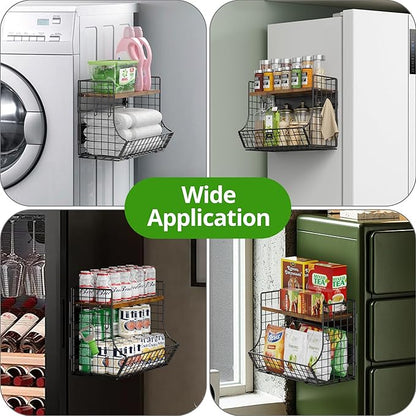 2 Pack Magnetic Shelf for Fridge with Wood Lid, Fruit Potato and Onion Storage Bins, Pantry Organizers and Storage, Strong Magnetic Spice Rack for Refrigerator, Kitchen Counter and Laundry Room