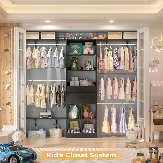 Closet System - 4.75-8FT Closet Organizer System with Wooden Drawers & Cube Storage Organizer, Up To 96" Closet Systems for Nursery & Walk-In Closets with Cuttable Hanging Shelving, Black