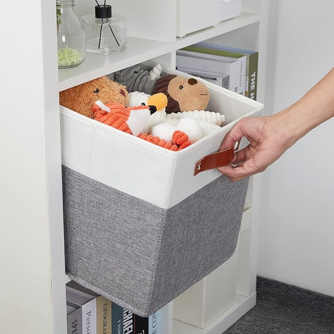 DULLEMELO Storage Cubes 12 inch, Collapsible Sturdy Cube Storage Bins With Handles for Organizing,Fabric Storage Baskets for Shelves Nursery Closet Home Organization and Storage (White&Grey-4 Pack)