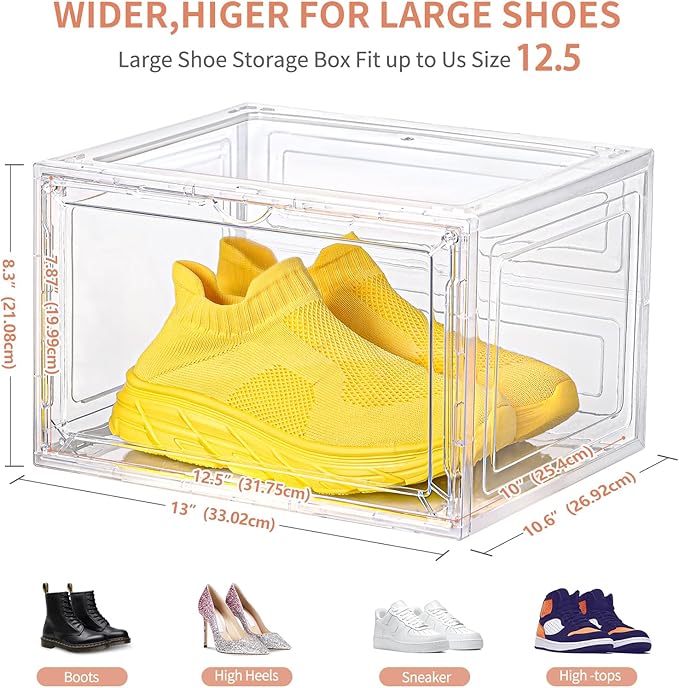 12 Pack Clear Shoe Boxes Stackable,Large Shoe Storage Organizer with Magnetic Door,Drop Side Shoe Containers for Entryway,Sneaker Storage Fit up to US Size 12 for Men/Women