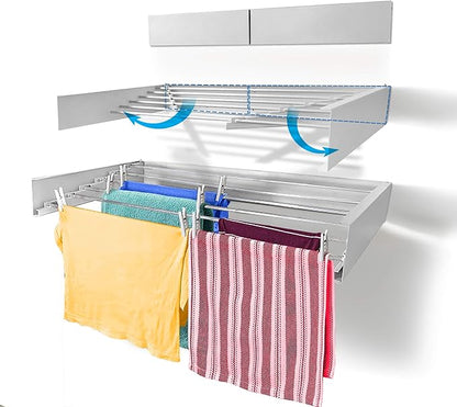 Step Up Laundry Drying Rack, Wall Mounted, Retractable Clothes Drying Rack, 60lbs Capacity, 20 Linear Ft, with Wall Template and Long Screwdriver Bit (40" White)