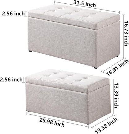 Storage Ottoman Bench with 2.56-inch Thick Seat, 31.5 inch Nesting Ottoman Set of 2, Hinged Flip Top Bench with Storage for Living Room, Bedroom, Beige