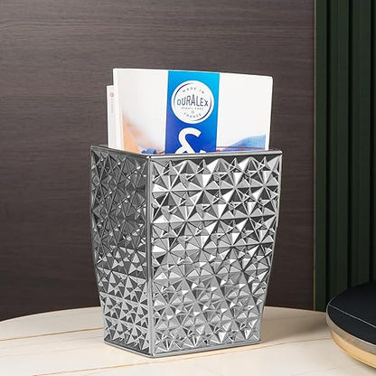 Ceramic Rectangular Small Trash Can - Wastebasket, Garbage Container Bin for Bathroom, Bedroom, Kitchen, Home Office, and Kids Room, Holds Waste, Recycling - Silver