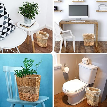2 Pcs Wicker Trash Can with 50 Small Trash Bag Wicker Waste Woven Basket with Handles Clear Multi Use Garbage Bags for Bathroom Kitchen Bedroom(Various Materials,Classic Style)