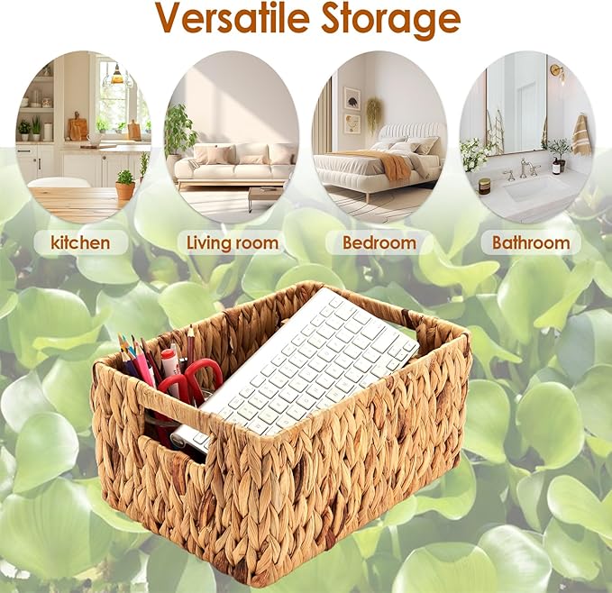 Wicker Baskets 2 Pack, Water Hyacinth Rectangular Storage Basket with Handles, Large for Organizing, Natural