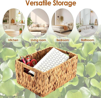 Wicker Baskets 2 Pack, Water Hyacinth Rectangular Storage Basket with Handles, Large for Organizing, Natural
