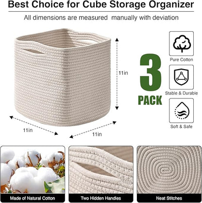 11 Inch Cube Storage Bins, Organizer Bins, Woven Cotton Rope Baskets for Storage, Storage Baskets for Organizing Shelves, White Basket for Toys, Off White (Pack of 3)