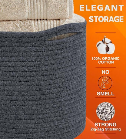 CHAT BLANC Cotton Rope Baskets for Organizing | Storage Baskets for Shelves | Rope Basket for Storage, Small Laundry Woven Baskets for Dog Toy Bin, Baby items, Graphite 3 Pack