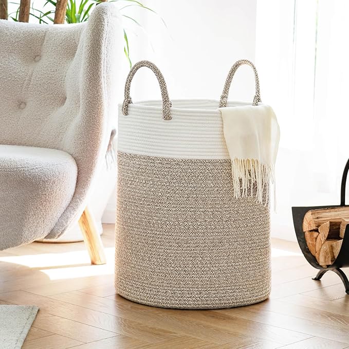 INDRESSME Tall Wicker Laundry Basket, Large Woven Clothes Hamper for Bedroom, Bathroom, Living room, Tall Nursery Hamper for Blankets, Toys, 16 x 20 inches White & Brown