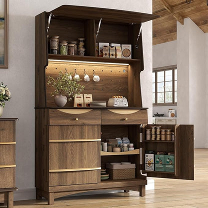 STO'SENSE 72’’ Kitchen Pantry Cabinet w/Power Outlets, Tall Storage Cabinet w/LED Light, FILP-up Door & Pegboard, Freestanding Kitchen Hutch w/Drawers, Solid Wood Handles (Walnut)
