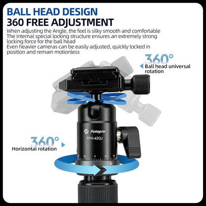 Fotopro 73" Camera Tripod, Aluminum Compact Travel Tripod and Monopod with 360° Ball Head Quick Release Plate, Professional Camera Tripod for DSLR, A4I A5I (Blue, 73 Inch)