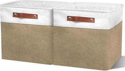 13in Open Fabric Storage Basket with Leather Handles for Organizing, Collapsible Linen Closet Bins for Shelves, Closets, Laundry, Decorative Basket for Gifts. (White＆Khaki, 2PCS/13x13in)