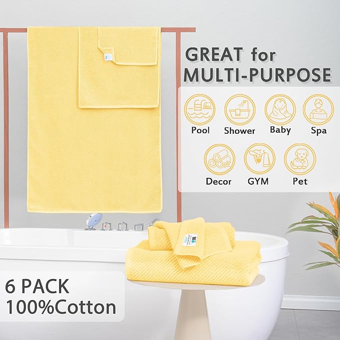 VOOVA & MOVAS Yellow Bath Towels - 100% Cotton | Quick Dry | Light Weight | Thick | Soft, 6 Piece Towel Set, 2 Large Bath 30"x56", 2 Hand 18"x28", 2 Washcloths 13"x13", Lemon Yellow Towel Gift Set