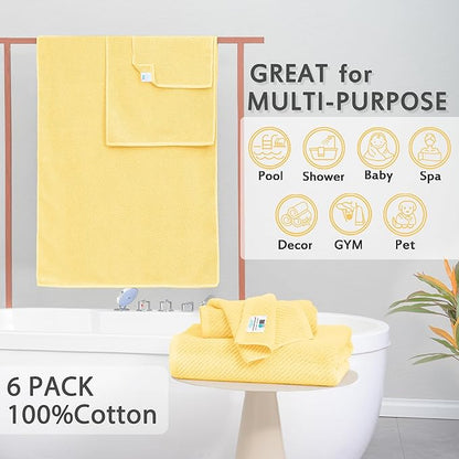 VOOVA & MOVAS Yellow Bath Towels - 100% Cotton | Quick Dry | Light Weight | Thick | Soft, 6 Piece Towel Set, 2 Large Bath 30"x56", 2 Hand 18"x28", 2 Washcloths 13"x13", Lemon Yellow Towel Gift Set