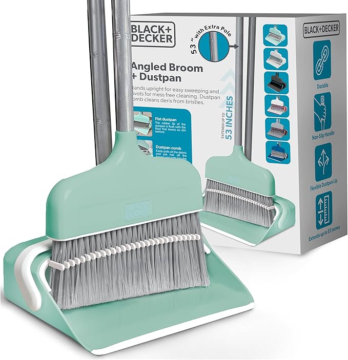 BLACK+DECKER Butler Broom & Dustpan Set - Short Handle, Stand-Up Design - Lightweight, Space-Saving Combo for Kitchen, Living Room, Bathroom, Lobby Floors - Home Cleaning Essential, Teal/Grey