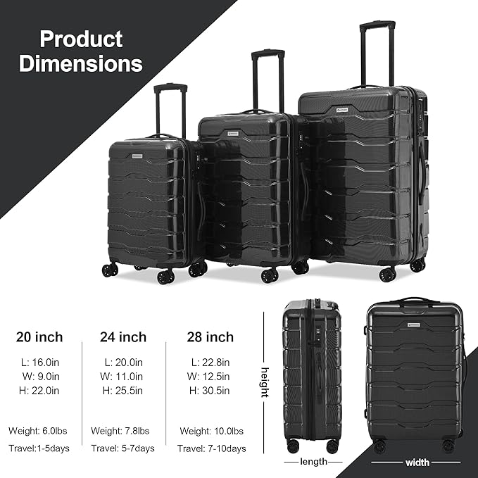3 Piece Luggage Set, Hardshell Luggage Sets with TSA Lock, PC+ABS Lightweight Suitcase Sets with 360° Spinner Wheels BLACK (20/24/28)