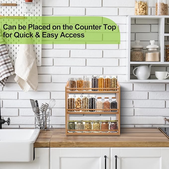 3 Tier Bamboo Spice Rack, Seasoning Jars Rack Shelf Spice Organizer for Kitchen Counter or Wall Mounting