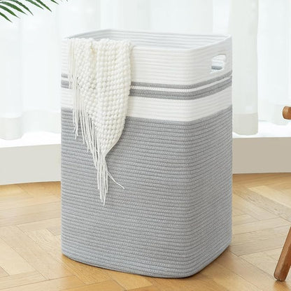 OIAHOMY 91L Laundry Hamper, XXXLarge Laundry Basket, Collapsible Cotton Rope Basket,Woven Storage Basket for Blankets,Clothes,Pillows-16x15x24-Grey