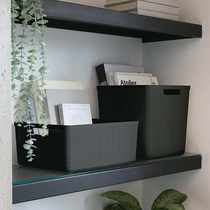 Curver Set of 4 Jute Large Cube Decorative Plastic Organization and Storage Baskets, Perfect Bins for Home Office, Closet Shelves, Kitchen Pantry and All Bedroom Essentials, Black