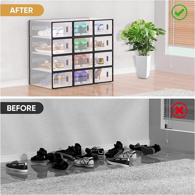 BALEINE 12 Pack Stackable Shoe Storage Boxes Fit Size 11, Thickened Clear Shoe Box Bins with Lids, Plastic Foldable Organizer Sneaker Storage Containers (X-Large, Black)