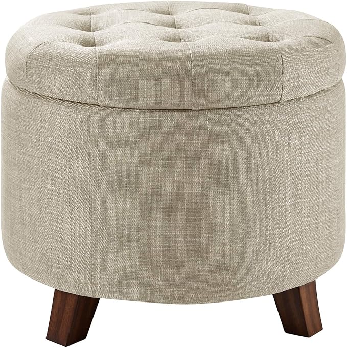 Amazon Basics Round Linen Ottoman with Storage, Tufted Upholstered Footstool for Living Room and Bedroom, 20" x 17", Linen Burlap Beige