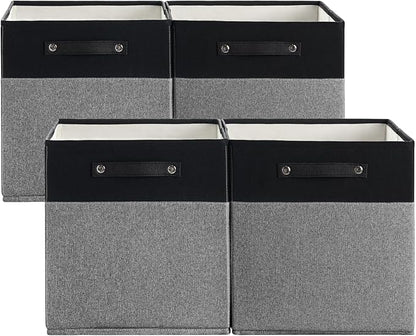 13 x 13 Inch Fine Linen Storage Bins with Handles，Fabric Cube Boxs，Collapsible Basket Organizers for Shelves for Home, Closet Drawers (Black/Gray-4 Pack)