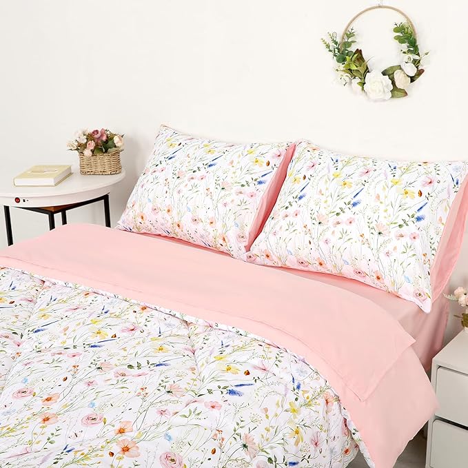 Twin Size Toddler Bedding Set for Girls- 5 Piece Toddler Girl Bedding, Super Soft & Lightweight Toddler Comforter Set Includes Comforter, Flat Sheet, Fitted Sheet, Pillowcase (Pink Flowers)