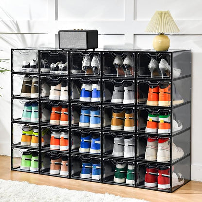 12 Pack Stackable Shoe Storage Organizer with Magnetic Door, Shoe Boxes Clear Black Plastic for Closet, Shoe Rack for Sneaker Boot Container, Shoe Cabinet Fit up to US Size 12
