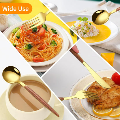 16 Pcs Gold Silverware Set with Simulated Wooden Handle for 4,Stainless Steel Cutlery Set,Mirror Polished Tableware Utensils Flatware Set,Include Knives Spoons and Forks set,Dishwasher Safe