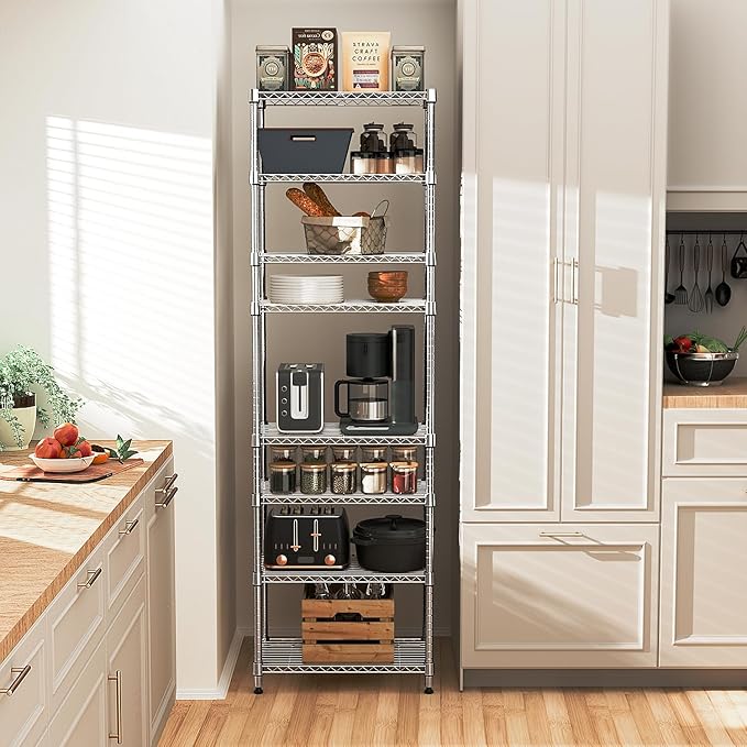 8 Tier 2000 lbs Storage Rack Metal Wire Shelving Unit, Storage Standing Shelf Organizer for Laundry Bathroom Kitchen Pantry Closet Garage Utility Room, Chrome 13.8" D x 23.6" W x 79.5" H