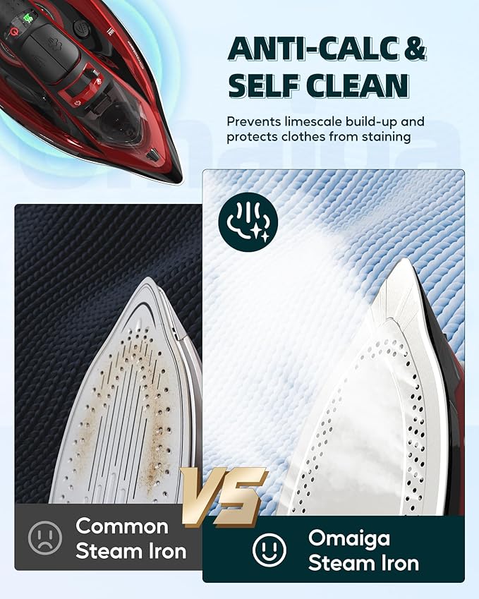 Cordless Iron for Clothes - 1500W Steam Iron with Non-Stick Ceramic Soleplate, Rapid Heating, Auto Shut Off, Burst of Steam, Self-Clean, Anti-Drip, Anti-Calc, 3 Temperature Settings, Red