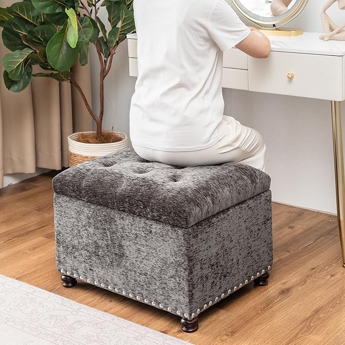 Joveco Storage Ottoman Bench, Rectangle 24" Velvet Foot Rest Stool Square Footstool for Living Room, Bedroom, Charcoal Grey