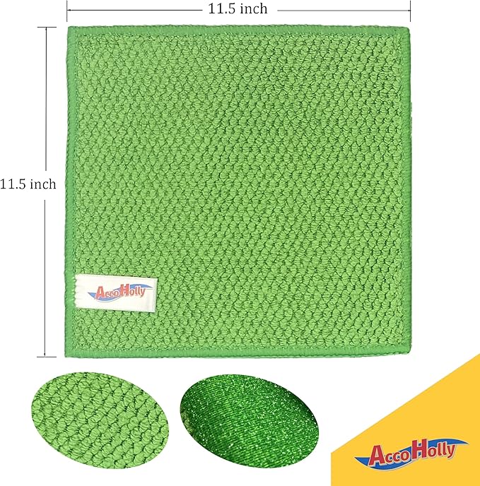 Microfiber Scrub Dish Cleaning Cloth, Non-Scratch, Reusable & Durable for Pan Pot Dish Cooktop Counter Kitchen Household, Machine Washable, 4-Pack, 11.5 x 11.5 inch, Blue & Green Color Assorted