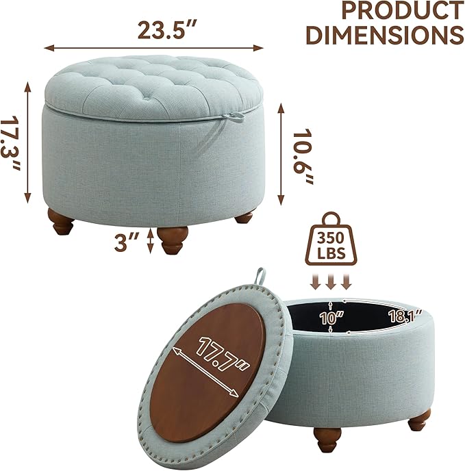 24Inch Round Storage Ottoman with Tray, Modern Tufted Fabric Circle Coffee Table with Storage, Upholstered Ottoman with Removable Top for Living Room, Bedroom, Light Blue