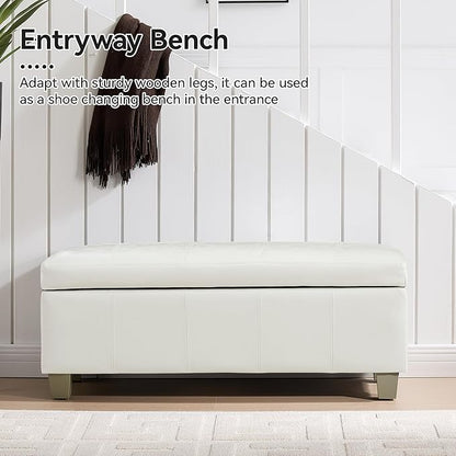 41" Faux Leather Storage Ottoman, Stitch Tufted Rectangle Upholstered End of Bed Storage Bench, Entryway Large Couch Ottoman with Wooden Legs,White