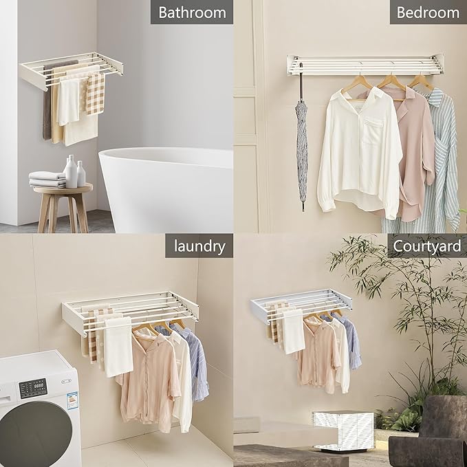 JOOM Laundry Drying Rack Collapsible, Wall Mounted Clothes Drying Rack, Retractable Drying Rack, 31.5" Wide, 5 Aluminum Rods, 60 lb Capacity (White 31.5")