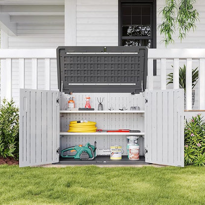 Aoxun White Outdoor Storage Cabinet with 2 Shelves, 35 Cu.Ft Trash Can Storage Shed, Waterproof, Horizontal Storage for Garbage Bin, Generator, Lawn Mower